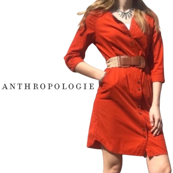 Anthropologie Dresses & Skirts - ANTHROPOLOGIE Maeve Orange 3/4 Sleeve Corduroy Womens Button Up Dress W/Pockets